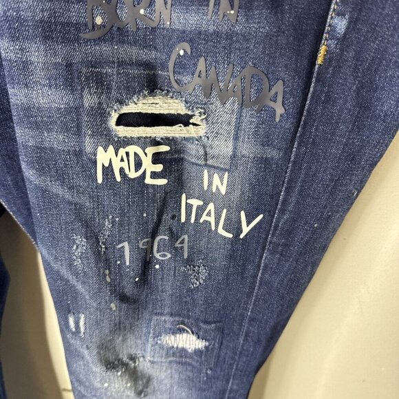 Dsquared2 Slim Stretch Jeans Men’s 32x31 Blue Distressed Paint Splatter Italy - Picture 2 of 11